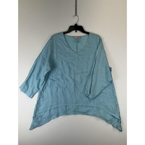 La Fixsun Linen Pullover Womens Medium Blue Asymmetric Hem Lightweight Top USA - Picture 1 of 6